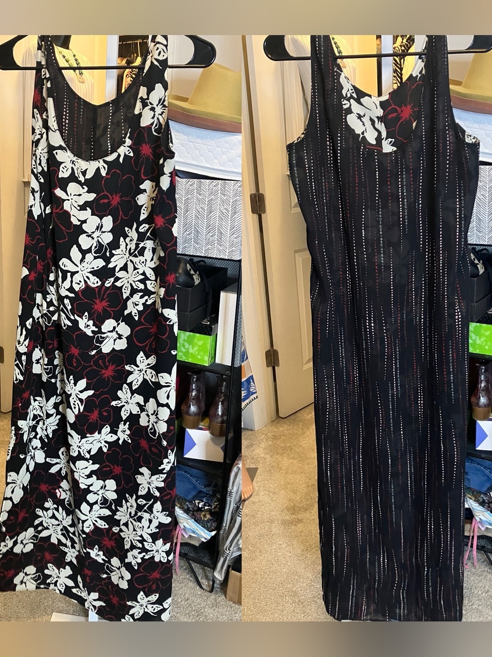 Women’s Black Floral Maxi Dress with White & Red Accents reversible.